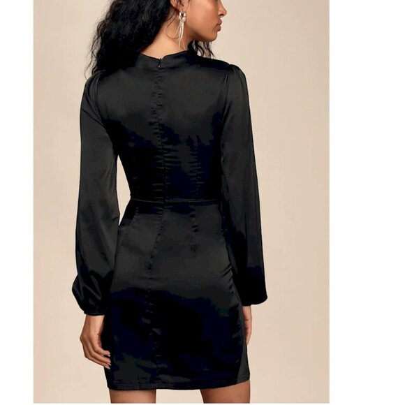 Lulus Late Night Rendezvous Black Satin Long Sleeve Dress Size Medium NWOT - Picture 2 of 4